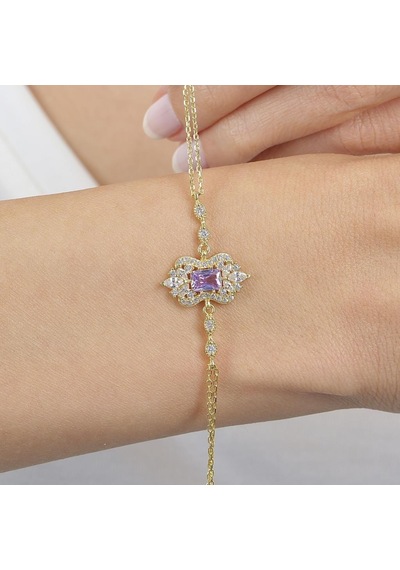 Lila Taşlı Asil Işıltı Klasiği Gold Renk Vintage Gümüş Bileklik
