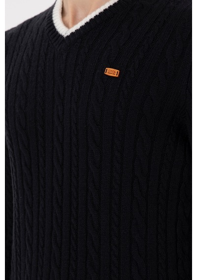 U.S. Polo Assn. Erkek Regular Fit V Yaka Lacivert Yaka Detaylı Kazak 50297083-VR033