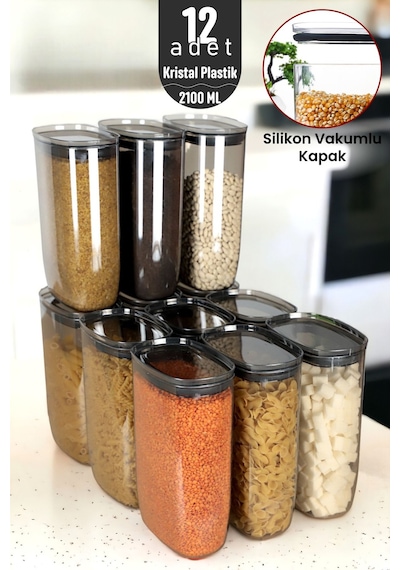Jumbo Boy 2100 Ml Gerçek Vakumlu Silikon Kapaklı Kristal Erzak Bakliyat Saklama Kabı Seti Ba Antrasit