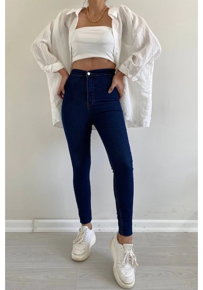 Dark Blue Yüksek Bel Skinny Fit Jean Likralı Önü Cepsiz Tayt Pantolon Dark Blue