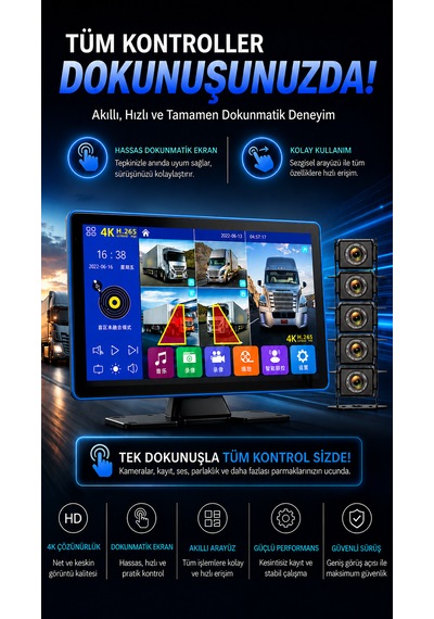5 Kameralı 4k Dokunmatik Ekranlı Mp5 Kamyon Tır Otobüs İçin Uygun Araç Monitör Seti