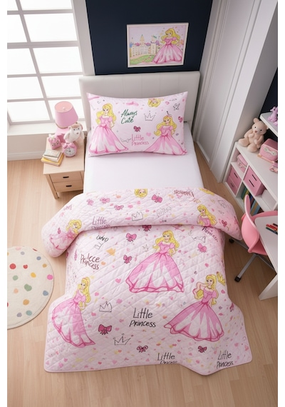 Kız Çocuk Genç Pike Yatak Örtüsü Takımı Prenses Desen Kapitone Pamuklu 4 Mevsim Çarşafsız 160x230 Pembe