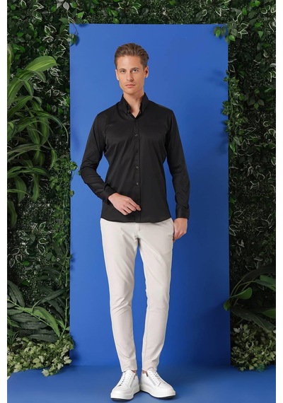 Efor Slim Fit Düğmeli Yaka Uzun Kol Pamuklu Klasik Siyah Gömlek Gk 716 Siyah