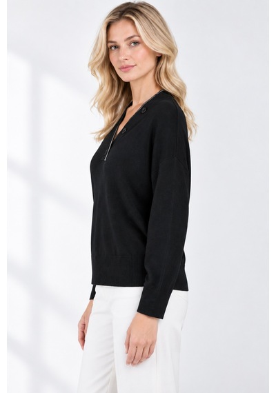 Bihan Store Kadın Triko Geniş Şal Yaka Düğme Detaylı Bluz W27-2920-siyah