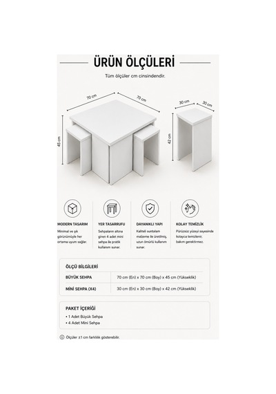 5'li Zigon Sehpa Takımı Beyaz İç İçe Geçmeli 1 Büyük + 4 Mini Modern Orta Sehpa Beyaz Beyaz