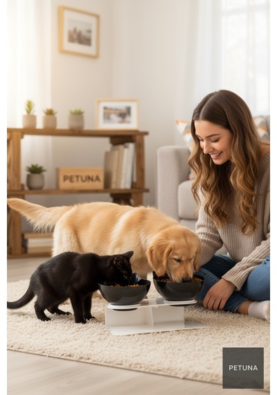 İki Hazneli Kedi Kafalı Beyaz Standlı Kedi Mama Ve Su Kabı 350 Ml