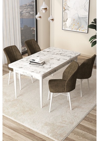 Canisa Arp Serisi 70x110 Sabit Mutfak Masası Takımı Beyaz Mermer Desen Masa 4 Kahverengi Sandalye Masa Beyaz Sandalyeler Kahve