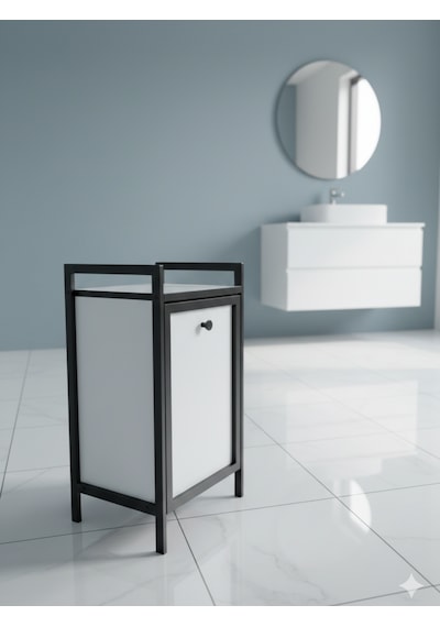 Kapaklı Çamaşır Sepeti & Banyo Düzenleyici Dolap Metal Ayaklı Modern Kirli Sepeti Organizer Beyaz