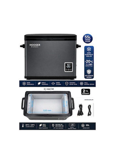 Hooger German EA 55 LTX New Series Geniş Kabin Dijital Led Ekran Oto Kamp Buzdolabı 12-24 Volt -20 Derece Hızlı Soğutma