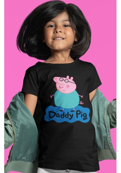 Sevbano Baba Pig Peppa Pig Baskılı Unisex Çizgi Film Çocuk Tişört 1-12 Y Siyah