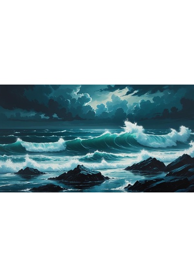 Doğa Ve Manzara Yatay Kayalara Çarpan Güçlü Okyanus Dalgaları, Dramatik Gökyüzü 04 Çerçevesiz 90x60cm Pvc Tablo