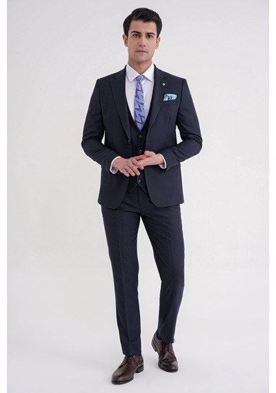 Efor Slim Fit Mono Yaka Çift Yırtmaç Armürlü Esnek Yünlü Lacivert Yelekli Klasik Takım Elbise Tk 933 Lacivert