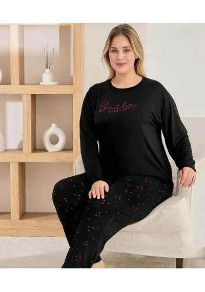 Pijamoni Kadın Milan Büyük Beden Bisiklet Yaka Uzun Kol İnce Pijama Takımı 7666/46 - 1 Adet Siyah Pijamoni Kadın Milan Büyük Beden Bisiklet Yaka Uzun Kol İnce Pijama Takımı 7666/46 - 1 Adet Siyah