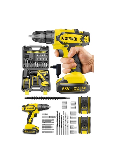 Tr Germany Technology Kupfer Darbeli 58 V 5 Ah Çift Akülü Vidalama Matkap Sarı + 24 Parça Set