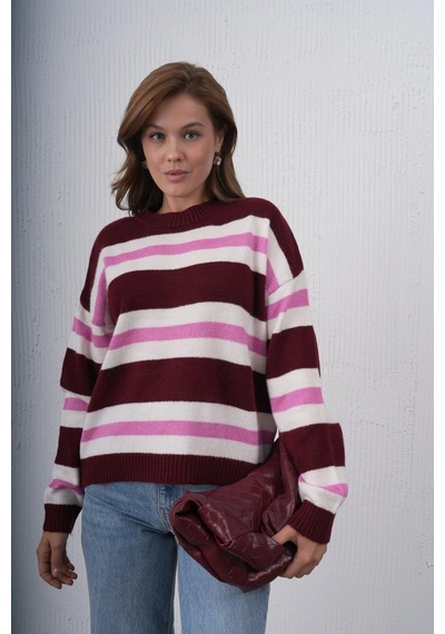 Park Karon Kadın Kemik Bisiklet Yaka Çizgili Oversize Triko Kazak 8655sw Bordo