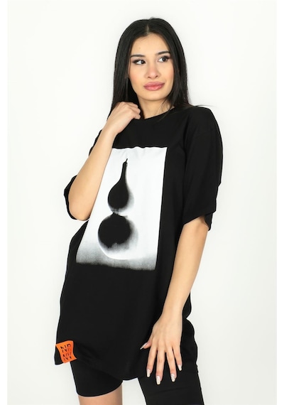 Şamdan Baskılı Oversize Tshirt Siyah-siyah Siyah