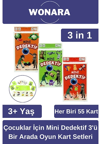 Özel Zeka Geliştirici Eğitici Ailece Çocuklara Eğlenceli Mini Dedektif Üçü Bir Arada Oyun Kart Seti
