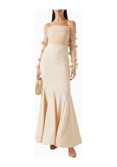 Ronanna Off-shoulder Çiçek Aplikeli Abiye Krem