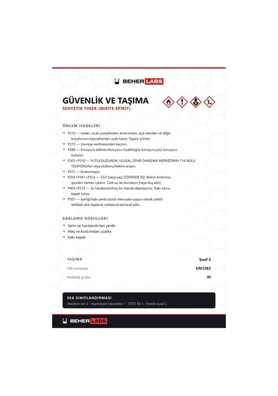 Beherlabs Sentetik Tiner White Spirit 30 L