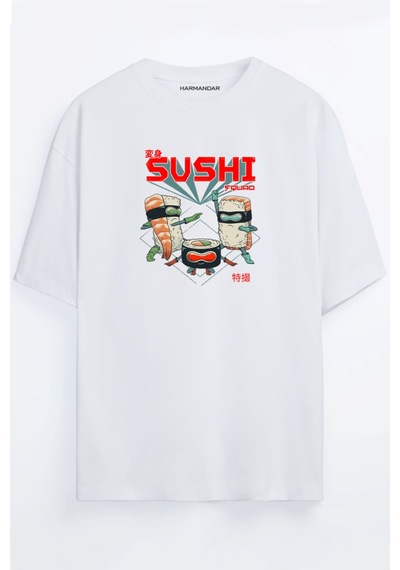 Anime Sushi Ninja Squad Baskılı Unisex Siyah - Beyaz Oversize T-shirt Beyaz