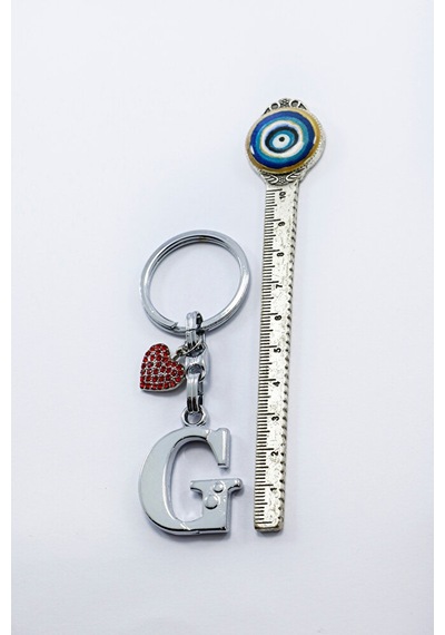 Kırmızı Parlak Kalpli Gümüş Renkli Metal G Harfi Anahtarlık /mini