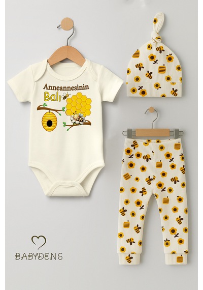 Babyden's 3 Lü Yenidoğan Takım Anneannesinin Balı Baskı Kısa Kol Body Arı Çiçek Desenli Pantolon Bere Ekru