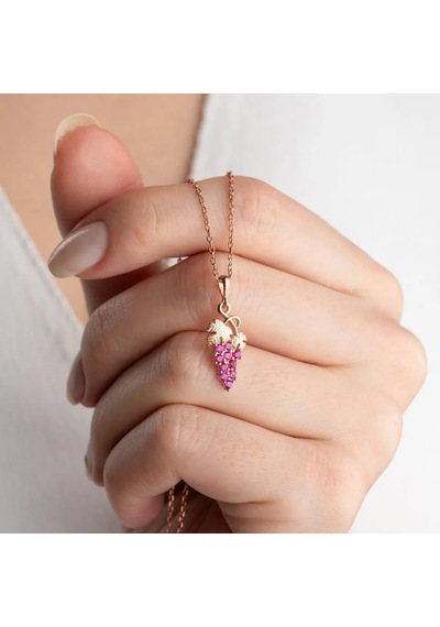 Vaoov 925 Ayar Gümüş Pembe Taşlı Üzüm Hediye Kolye Rose