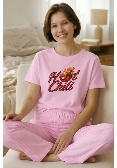 Yeni İnci Pamuk Uzun Alt Kısa Kol Pijama Takım Pembe