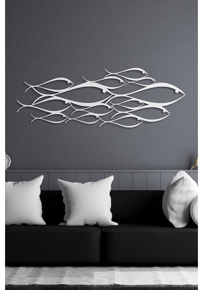 School Of Fish Metal Duvar Dekorasyonu - Beyaz - 150 X 53 Cm