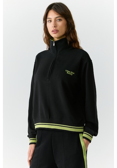 Urban Beat Natan Kadın Dik Yakalı Fermuarlı Baskı Detaylı Relaxed Siyah Sweatshirt Siyah