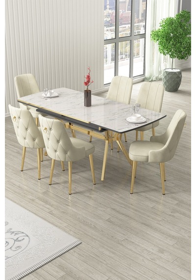 Canisa Nis Serisi 89x150 Açılabilir Lak Panel Beyaz Mermer Gold Ayak Masa Takımı Ve 6 Krem Sandalye Masa Beyaz Mermer Desen Sandalye Krem Canisa Nis Serisi 89x150 Açılabilir Lak Panel Beyaz Mermer Gold Ayak Masa Takımı Ve 6 Krem Sandalye Masa Beyaz Mermer Desen Sandalye Krem