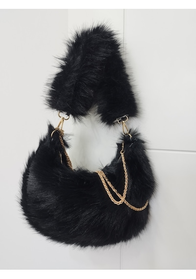 Vivazzaluxe Vintage Peluş Kürk Model Sonbahar, Kış Tote Bag Kadın El, Omuz, Çapraz Çanta Siyah