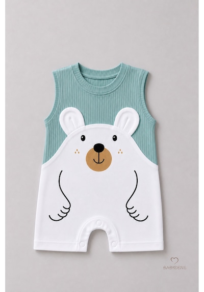Babyden's Erkek Bebek Yazlık Ayıcık Baskılı Fitilli Tulum %100 Pamuk Kolsuz Şort Tulum Yenidoğan Bebek Romper 0-9 Ay Haki