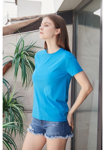 Jument Kadın Sıfır Yaka Kırışmaz Span Karışımlı Şık Kısa Kol Likralı T-shirt Bluz-mavi Mavi Jument Kadın Sıfır Yaka Kırışmaz Span Karışımlı Şık Kısa Kol Likralı T-shirt Bluz-mavi Mavi