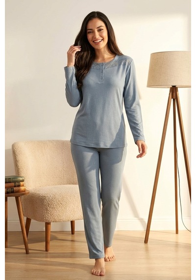Aura Collections Kadın Dantelli Bambu Viskon Uzun Kollu Mevsimlik Soft Örme Pijama Takımı Turkuaz
