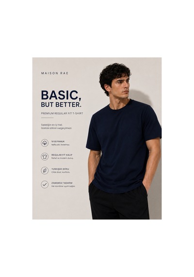 Masion Rae Erkek Tişört Lacivert Regular Fit Bisiklet Yaka Pamuklu 30/1 Süprem Kumaş