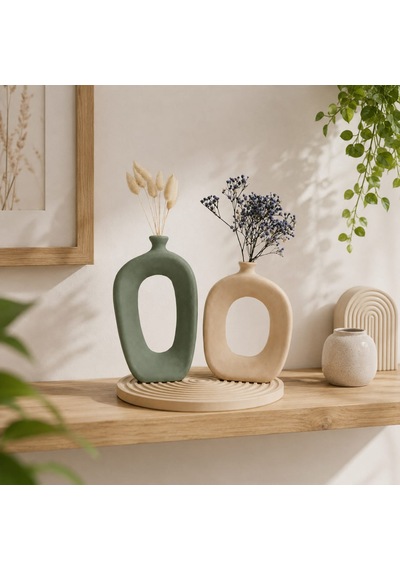Momiko El Yapımı Modern Bohem Beton Vazo Seti Dekoratif Kemerli İkili Vazo & Yuvarlak Altlık Premium Seri -