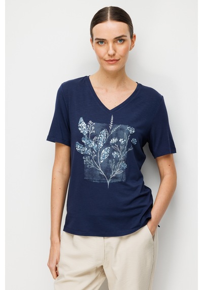 Kadın V Yaka Önü Pul Payet İşlemeli Penye T-shirt Lacivert Lacivert