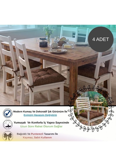 4 Adet - 40x40 Cm Lüks Süet Dokulu Kahverengi Sandalye Minderi - %100 Silikon Elyaf Dolgulu Yıkanabilir Minder