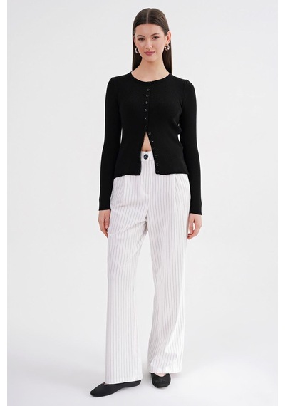 Hiccup Mixray Düğmeli Slim Fit Yivli Örgü Hırka Siyah