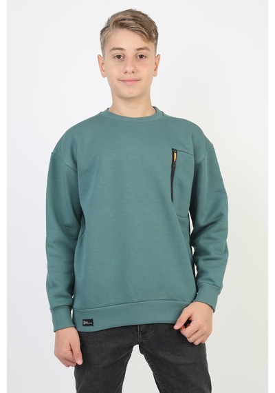 Bisiklet Yaka Cep Fermuar Detaylı Erkek Çocuk Sweatshirt-90856 Yeşil
