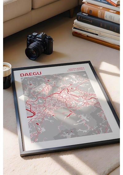 Daegu Güney Kore Haritası Çerçeveli Tablo Lüks Salon Ofis Duvar Dekorasyonu Hediyelik Tablo Siyah