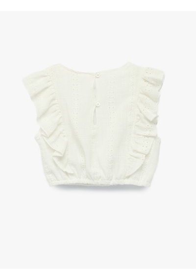 Koton Kolsuz Brodeli Beli Lastikli Bisiklet Yaka Crop Bluz Beyaz 6skg60151aw Beyaz