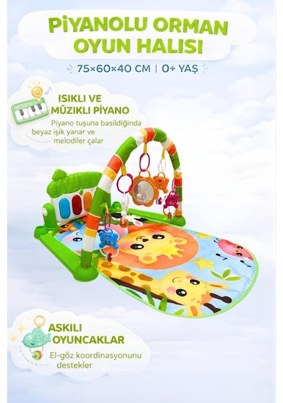 Piyanolu Orman Desenli Bebek Oyun Halısı 0+ Ay, Hayvan Figürlü Işıklı ve Müzikli Gelişim Matı