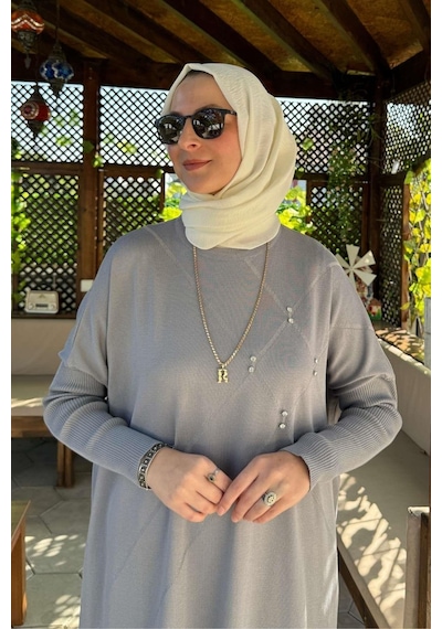 Rabia Şamlı Melda Triko Tunik Gri Çok Renkli