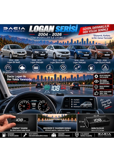 Dacia Logan 2004-2026 Modeller İçin Head Up Display Hayalet Gösterge Ekranı Ön Cam Hız Göstergesi