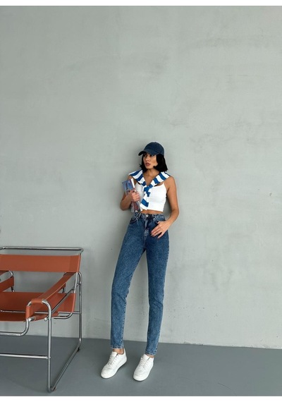 Zeo Basic Likralı Mom Jean Buz Mavi Koyu-mavi-kar