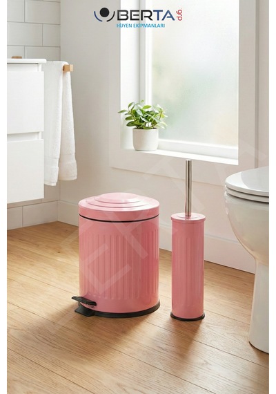 Vintage Banyo Seti Beyaz Çöp Kovası 5lt Tuvalet Fırçası Lüks Model - Mini Boy Çöp Poşeti Hediyelidir Pembe