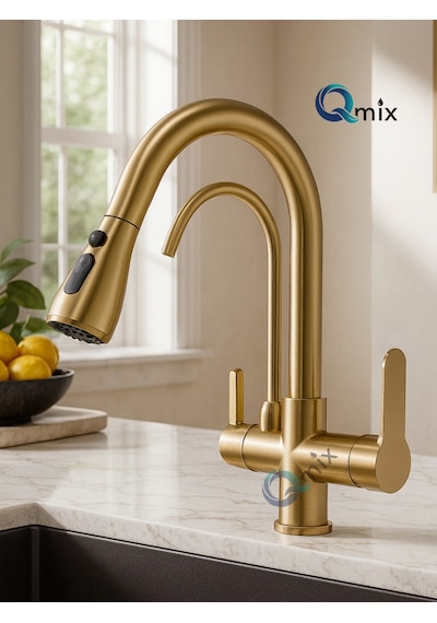 Spiralli Arıtmalı Lüx Mutfak Eviye Bataryası Modern Mat Gold Renk Pirinç Gövde Musluk Mat Altın