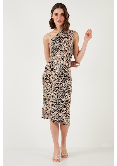 Lela Slim Fit Tek Omuzlu Yırtmaçlı Bağlama Detaylı Midi Bayan Elbise 5866272 Leopar